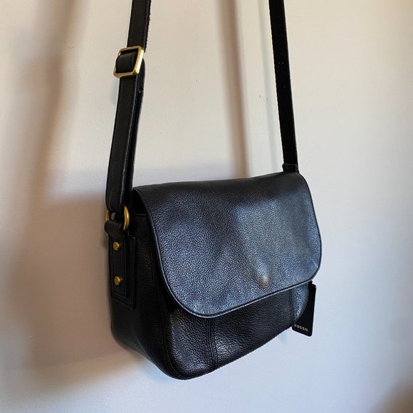 Fossil Black Leather Crossbody Bag Purse Small Adjustable Strap - Picture 4 of 13